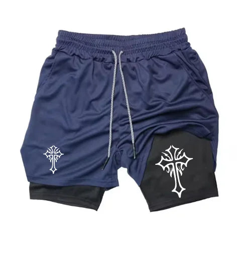 Navy blue Jesus Fish Cross Athletic shorts