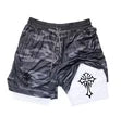 black camo jesus fish cross athletic shorts